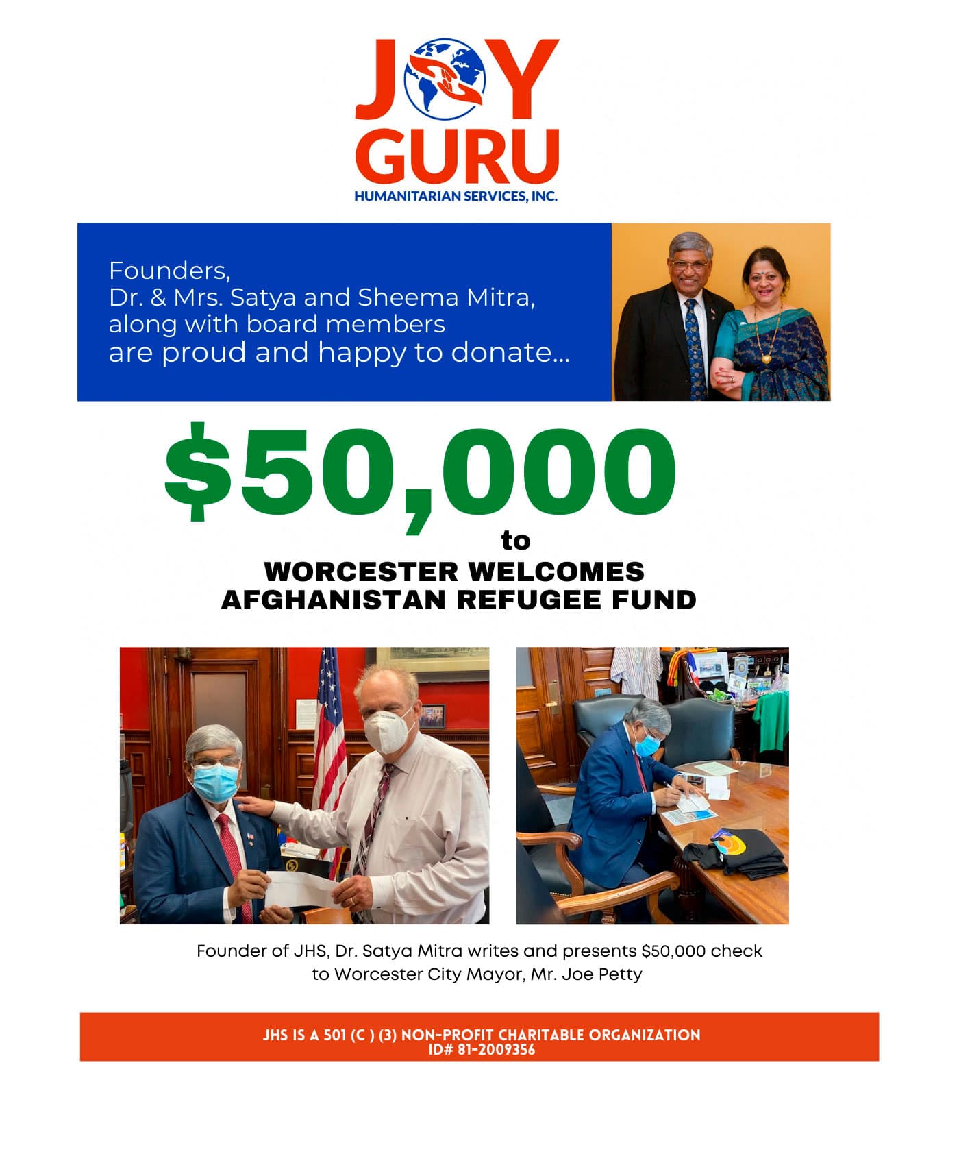 JOYGURU HUMANITARIAN SERVICES donated $50,000.00 to WORCESTER WELCOMES AFGHANISTAN REFUGEES FUND
